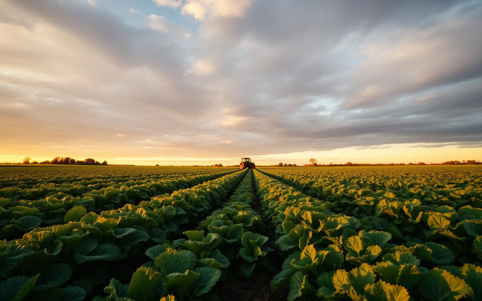 Open UK farm field with rows of leafy crops at sunrise