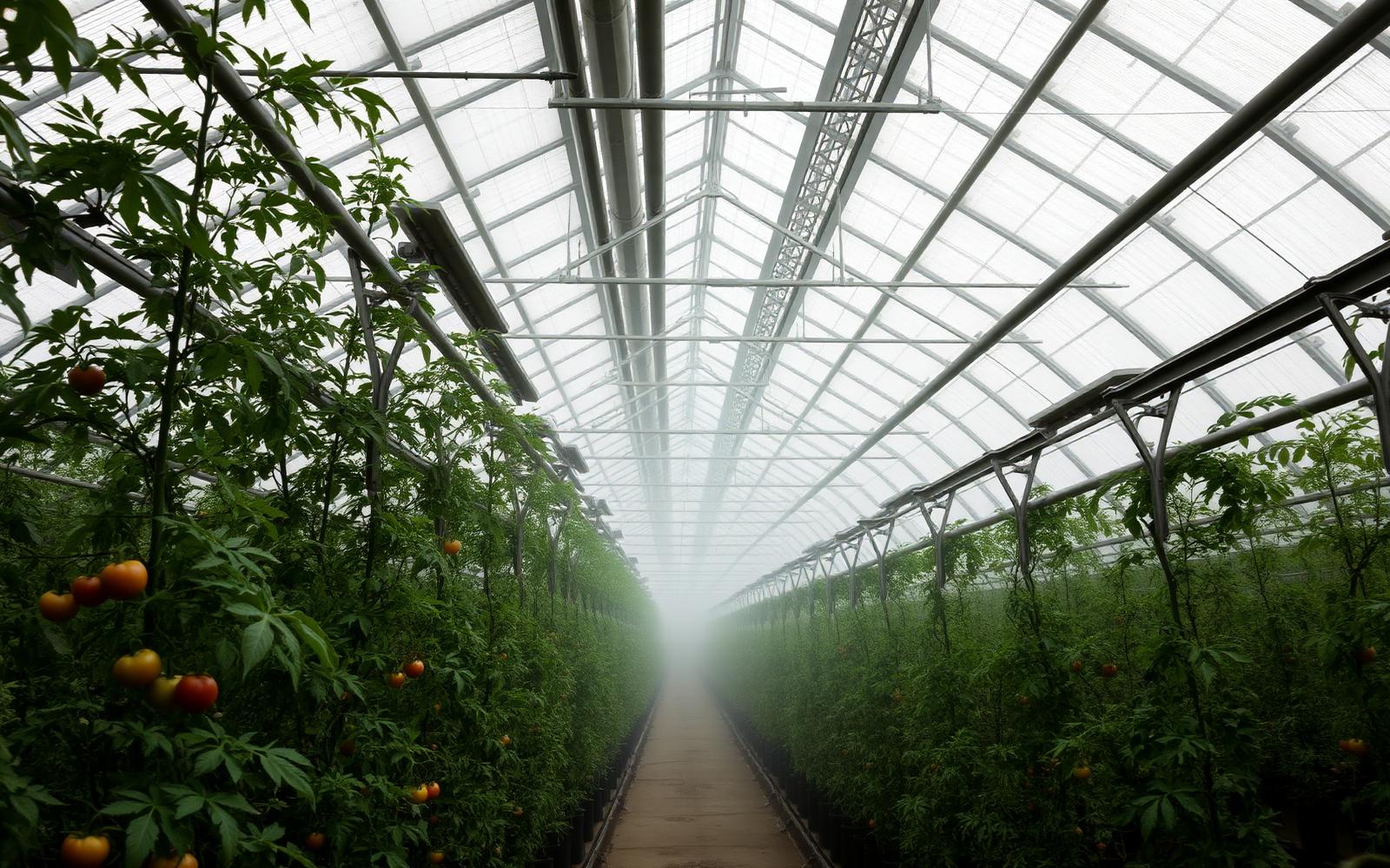 Commercial glasshouse rows of vine tomatoes