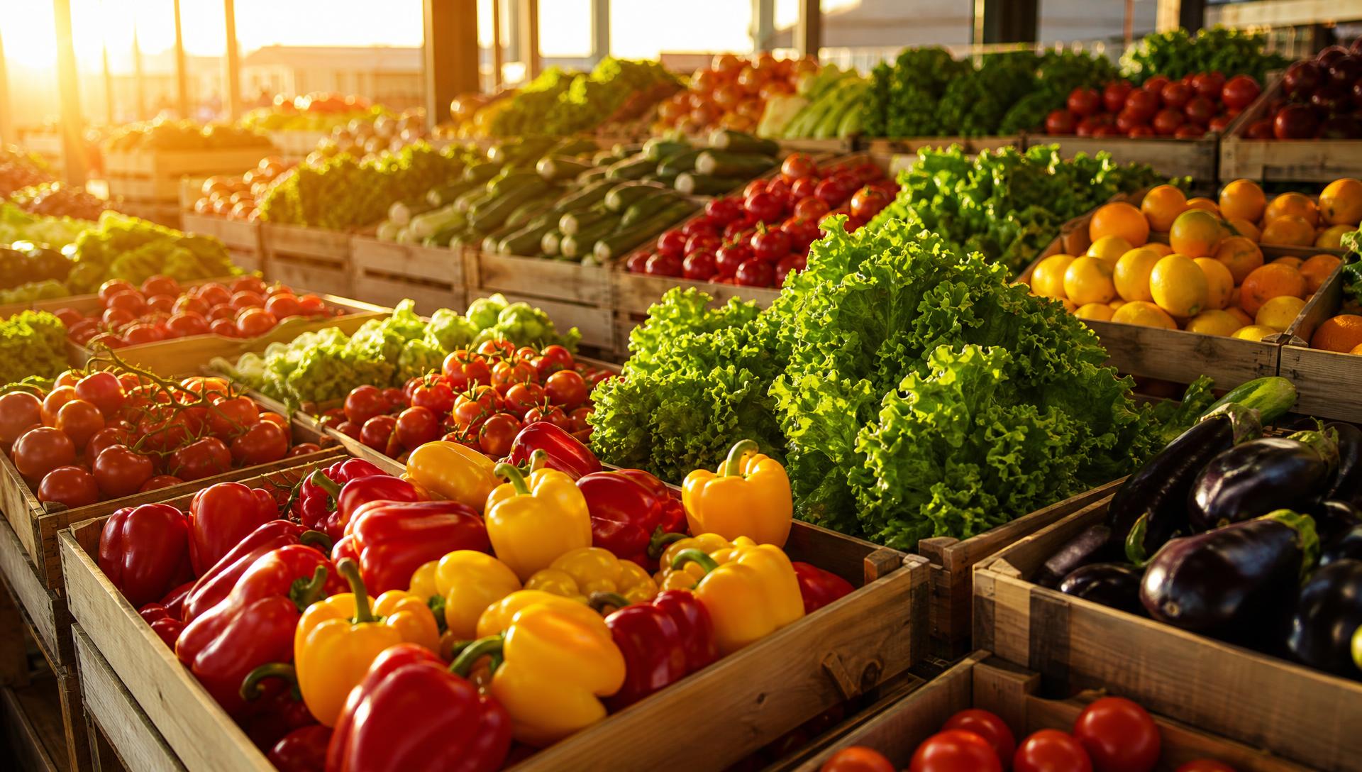 Wooden crates of fresh fruit and vegetables in a London wholesale produce market