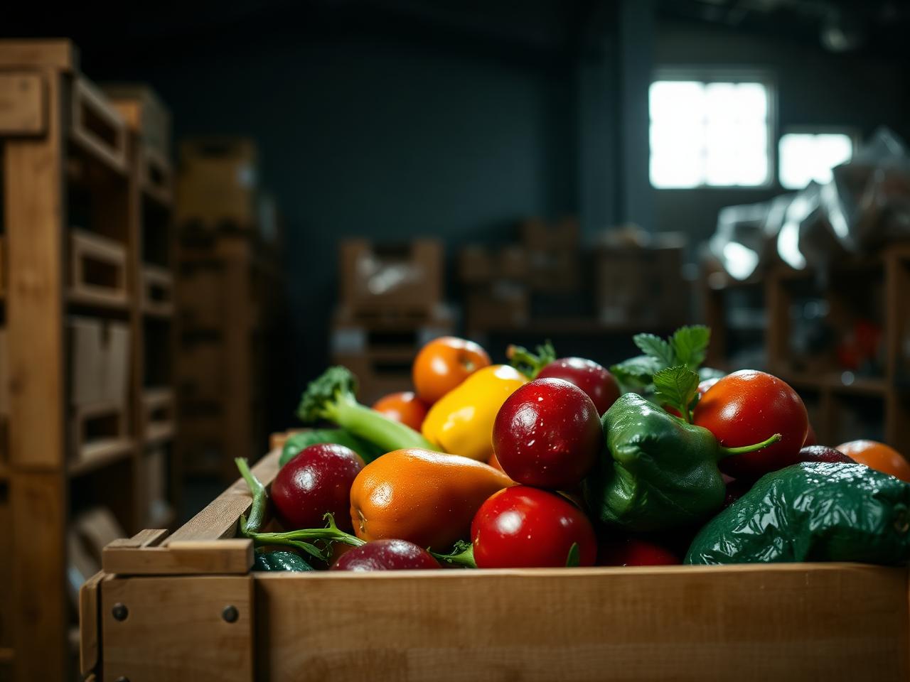 Fresh produce packed into a wooden crate at a wholesale warehouse