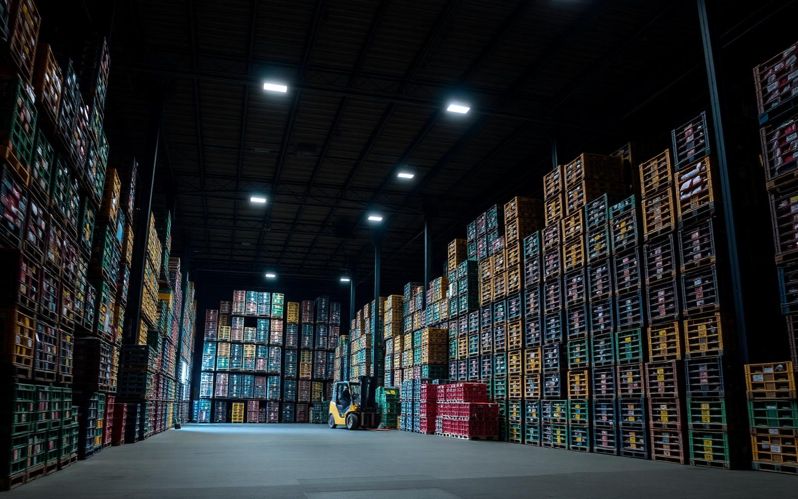 Temperature controlled produce warehouse with stacked crates